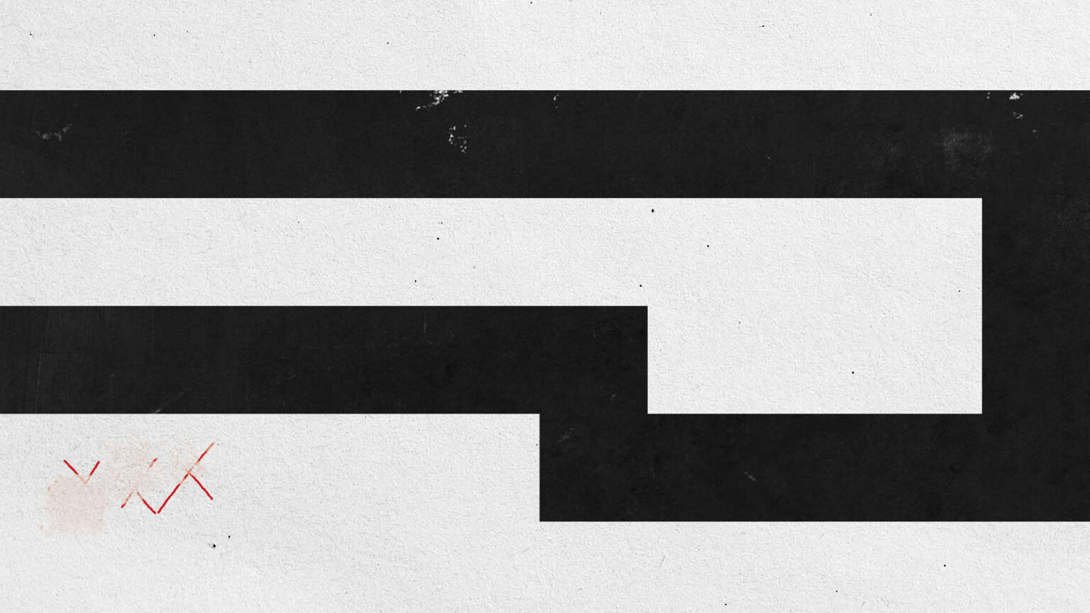 Image of a squared off labyrinth dead end, in a kind of square P shape. With three x's in red pen next to it.