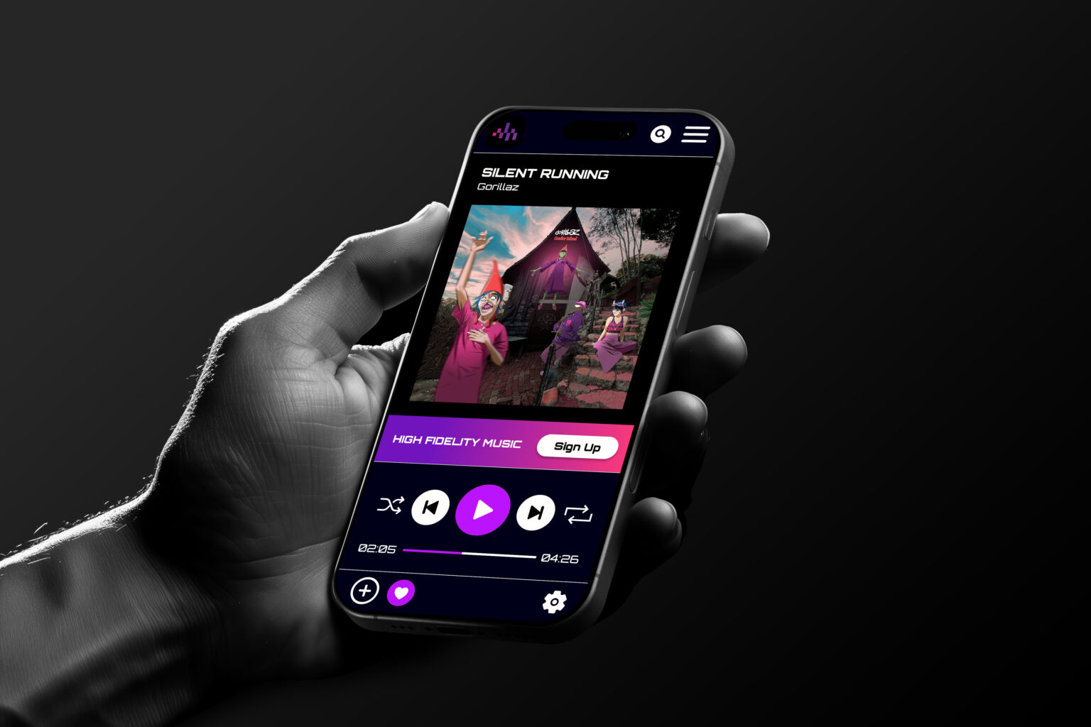 Image of a hand with an Iphone showing the Deezer music player app.