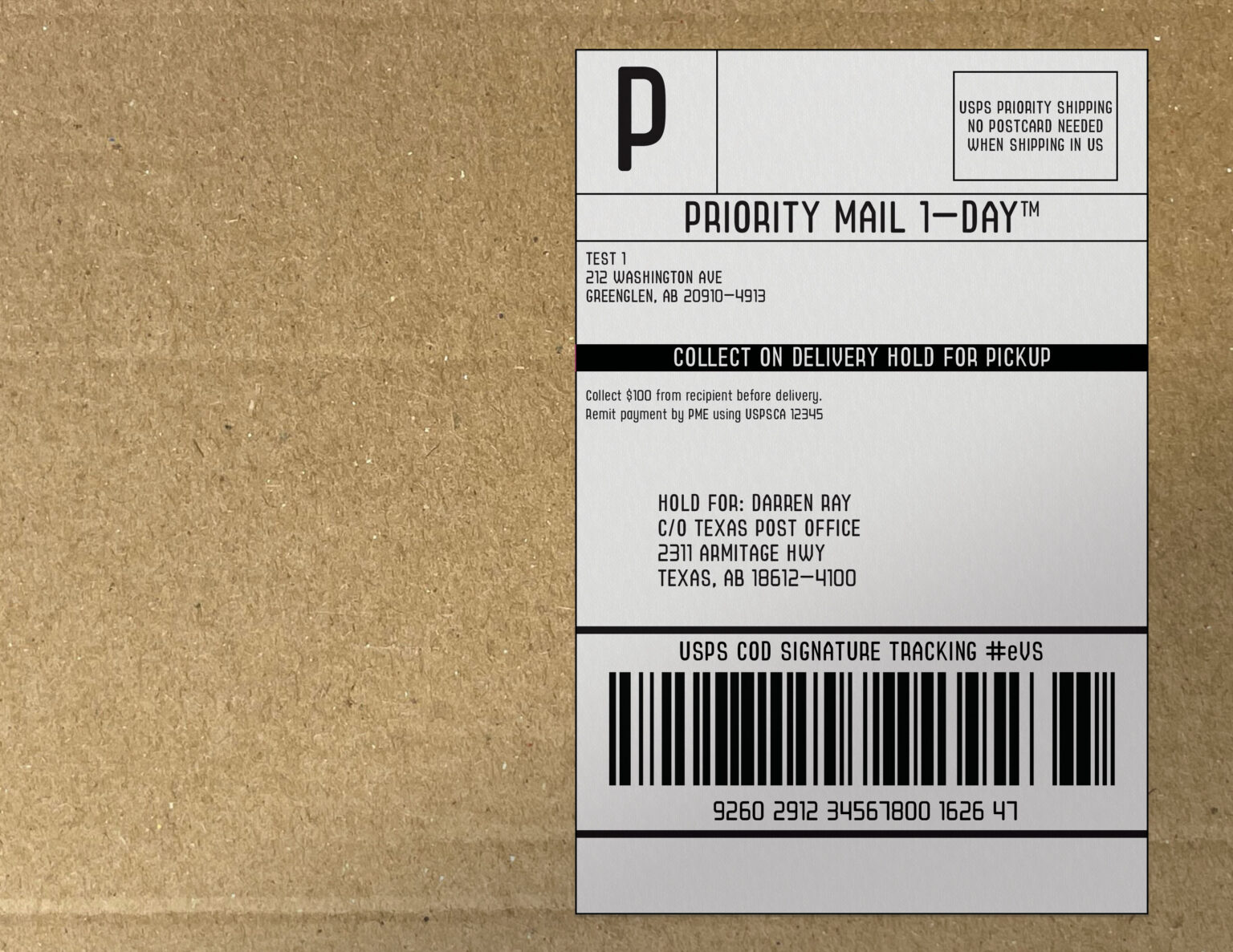 Photo of a cardboard box with a packaging label.