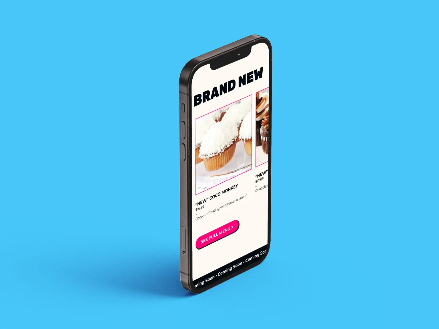 Photo of an iphone upright with the Sugar Rush menu on it. Cyan background.